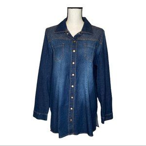 Chico's Dark Indigo Studded Denim Button-Down Shirt